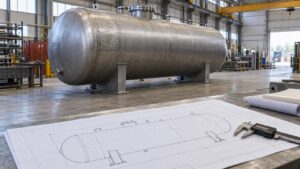 Чертёж горизонтального резервуара на фоне стального корпуса в цехе